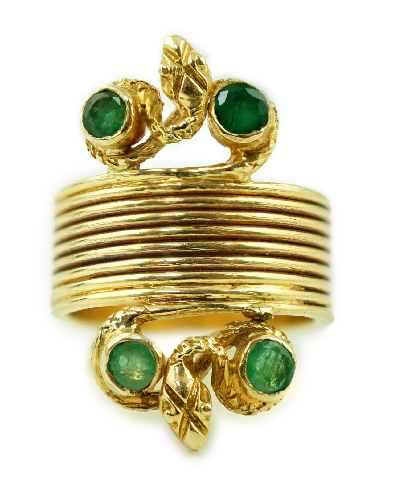 A Ilias Lalaounis 18k gold and four stone emerald set dress ring